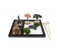 MotiveTech Sculpture en Résine Jardin Miniature Plateau Rectangulaire Bouddha Assis Pont Arqué Décor de Bureau avec Sable et Râteaux et Lichen pour Relief