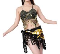 MotiveTech Tenue Danseuse Orientale Costume Deux Pièces Soutien-gorge Jupe Sequins Franges Matière Confortable Polyester Adapté Aux Spectacles Scènes Fêtes Dansa, or Noir