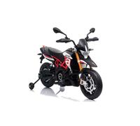 Moto électrique APRILIA DORSODURO 900, sous licence, batterie 12 V, roues souples EVA, 2 moteurs 18 W, suspension, cadre métallique, fourche métallique, roues supplémentaires, noir