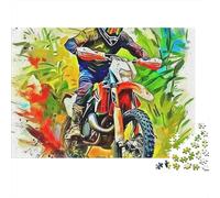 Moto Tout-Terrain 1000 pièces Puzzle Adultes, Pilote de Motocross Courant dans Un Feuillage Vert, épais Robuste Vibrant Difficile Anti-Stress Cadeau 38x26cm/1000pcs