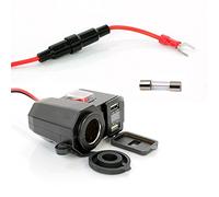 Moto USB Chargeur 5V / 2.1A Étanche Double Sortie USB Jack 12V DC Moto Socket Chargeur Adaptateur + Moto Allume-Cigare Interrupteur Intégré + 140cm Fil pour Smartphone Navigator Noir