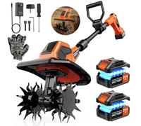 Motobineuse Electrique 21V, 600W Motoculteur électrique sans Balais avec 2 x 3,0 Ah Batteries, 400 TR/Min, Largeur Travail 23 cm, Profondeur 17 cm, Poignée Réglable, pour Pelouse Jardin Travaux du Sol
