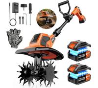 Motobineuse Electrique 21V, 600W Motoculteur électrique sans Balais avec 2 x 3,0 Ah Batteries, 400 TR/Min, Largeur Travail 23 cm, Profondeur 17 cm, Poignée Réglable, pour Pelouse Jardin Travaux