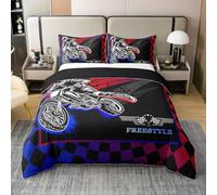 Motocross Coton Housse de Couette 220x240,Motocross Rider Parure de Lit Garçon Adolescent Homme,Rouge Bleu Noir Plaid Moto Doux Literie Set,Amateurs de Moto Couvre Lit