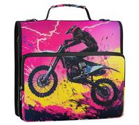 Motocross Neon Pattern 3,8 cm 3 anneaux School Zipper Binder with Strap Easy to Carry Portfolio for School/Office
