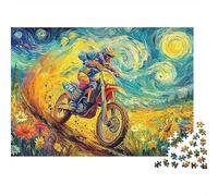 Motocross Starry Puzzle Difficile 1000 pièces Adultes Moto Tout-Terrain dans Nuit étoilée de Van Gogh Qualité supérieure épaisse Robuste Haute qualité vibrante Anti-Stress Jeu 52x38cm/1000pcs