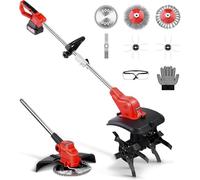 Motoculteur et débroussailleuse électrique 2 en 1 avec batterie de 4000 mAh, 5 types de lames et brosse anti-mauvaises herbes, motobineuse sans fil pour petit parterre et jardin