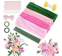 MOTONG 400 Pcs Cure Pipe pour Bricolage 4 Couleurs Rose Pour Fil Chenille 360 Perles 20 Pièces de Fil à Fleurs pour Bricolage avec Ruban, Cadeau Floratape- Fils Chenilles Loisirs Creatifs