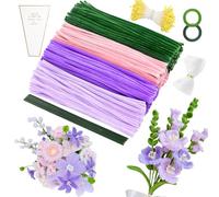 MOTONG 400 Pcs Cure Pipe pour Bricolage 4 Couleurs Violet Pour Fil Chenille 360 Perles 20 Pièces de Fil à Fleurs pour Bricolage avec Ruban, Cadeau Floratape- Fils Chenilles Loisirs Creatifs