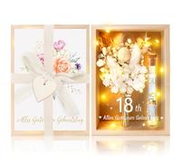 MOTONG Cadeau d'anniversaire Fleur 18th - Cadeau d'argent - Cadeau de mariage - Cadeau en argent - Avec fleurs séchées - Boîte en bois - Tube à essai en plastique - Guirlande lumineuse
