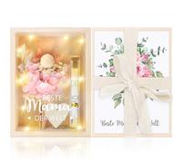 MOTONG Mamas Cadeau d'anniversaire à fleurs roses Cadeau de mariage, cadeau en argent, cadeau d'anniversaire, avec fleurs séchées, boîte en bois, tube à essai en plastique, guirlandes lumineuses