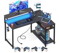 MOTPK Bureau de jeu en L avec prise de courant, bureau de jeu réversible avec support d'écran réglable en hauteur, 109,2 cm avec lumières LED, bureau de bureau à domicile, noir