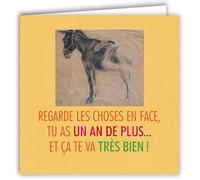 MOTS-017 Carte ANNIVERSAIRE Un An de Plus Humoristique Âne Têtu Bourrique Avec Enveloppe Carré Format 15x15cm - Citation Illustrée Photo d Art Collection Mots en image édition française