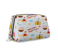 Mots d'anniversaire, trousse de maquillage, trousse de maquillage, motif gâteau d'anniversaire avec boîtes, ballons, organiseur en cuir, trousse de toilette réutilisable, multicolore, S, Multicolore _