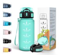 Motswedi Gourde 0.5l, Gourde avec Paille, Anti-Fuite, Bouteille d'eau de Motivation avec Marqueur de Temps, Bouteille Sport pour Sport, Université, Bureau - Bleu&Vert