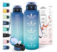 Motswedi Gourde 1,5l, Anti-Fuite, Gourde Paille, avec Marqueur de Temps, Bouteille d'eau, Poignée de Transport, Bouteille avec Paille, Facile à Ouvrir, pour Randonnée, Sport, Yoga, Bleu Vert