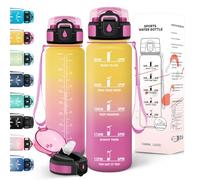Motswedi Gourde 1l, Anti-Fuite, Gourde Paille, avec Marqueur de Temps, Bouteille d'eau, Poignée de Transport, Bouteille avec Paille, Facile à Ouvrir, pour Randonnée, Sport, Yoga, Jaune Rose