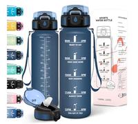 Motswedi Gourde 1l, Anti-Fuite, Gourde Paille, avec Marqueur de Temps, Bouteille d'eau, Poignée de Transport, Bouteille avec Paille, Facile à Ouvrir, pour Randonnée, Sport, Yoga, Bleu Foncé