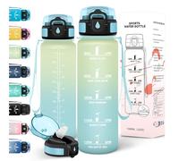 Motswedi Gourde 1l, Anti-Fuite, Gourde Paille, avec Marqueur de Temps, Bouteille d'eau, Poignée de Transport, Bouteille avec Paille, Facile à Ouvrir, pour Randonnée, Sport, Blanc Cassé Bleu Clair