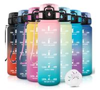 Motswedi Gourde 1l, Anti-Fuite, Gourde Sport, avec Marqueur de Temps, Bouteille d'eau, Réutilisable, Bouteille, pour Sport, Randonnée, Yoga, Fitness, Rose Vert