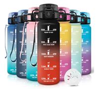 Motswedi Gourde 1l, Anti-Fuite, Gourde Sport, avec Marqueur de Temps, Bouteille d'eau, Réutilisable, Bouteille, pour Sport, Randonnée, Yoga, Fitness, Noir Rouge