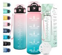 Motswedi Gourde 1l, Anti-Fuite, Gourde Sport, avec Marqueur de Temps, Bouteille d'eau, Réutilisable, Bouteille, Sans BPA, pour Sport, Yoga, Fitness, Randonnée, Rose-vert