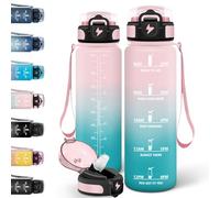 Motswedi Gourde 1l, Gourde Paille, Conception de Serrure Étanche, Bouteille Sport, Avec Marqueur de Temps, Bouteille Motivation, Convient aux Boissons Gazeuses, pour Bureau, Camping, Vélo - Rose&Cyan