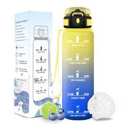 Motswedi Gourde 1l, Réutilisable, Gourde Sport, avec Marqueur de Temps, Bouteille d'eau, Anti-fuite, avec Filtrante, Bouteille, pour le Fitness, laGym et Randonnée, Jaune Bleu Saphir