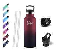 Motswedi Gourde, 500 ml Sans BPA, Gourde Isotherme, Avec Paille&2 Couvercles, Bouteille d'eau, 18/8 Acier Inoxydable, Bouteille Isotherme pour École, Utilisation Quotidienne - Rouge&noir