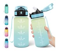 Motswedi Gourde Enfant, 500 ml Anti-Fuite, Gourde Paille, avec Marqueur de Temps, Bouteille d'eau, Poignée de Transport, Bouteille avec Paille, pour L’école, Sport, Yoga, Blanc Cassé Bleu Clair