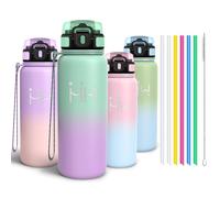 Motswedi Gourde Inox 750ml, Bouteille Isotherme avec six Pailles et 1 Brosse à épong, Conservation du Chaud et du Froid, sans BPA, Réutilisable, Bouteille - Vert lagune & Lilas clair