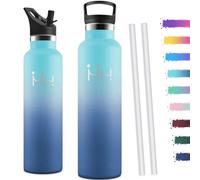Motswedi Gourde Isotherme 1l, avec Paille, Bouteille Isotherme, Anti-Fuite, Thermos, Poignée de Transport, Gourde Inox, Réutilisable, Thermos 1l pour Voyage, Camping, Sport, Bleu Ciel & Bleu Foncé