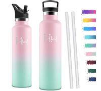 Motswedi Gourde Isotherme 1l, avec Paille, Bouteille Isotherme, Anti-Fuite, Thermos, Poignée de Transport, Gourde Inox, Réutilisable, Thermos 1l pour Voyage, Camping, Gym, Rose Clair & Vert Clair