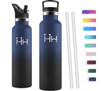 Motswedi Gourde Isotherme 1l, avec Paille, Bouteille Isotherme, Anti-Fuite, Thermos, Poignée de Transport, Gourde Inox, Réutilisable, Thermos 1l pour Voyage, Camping, Sport, Gym, Bleu Foncé & Noir