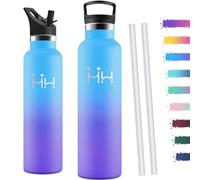 Motswedi Gourde Isotherme 1l, avec Paille, Bouteille Isotherme, Anti-Fuite, Thermos, Poignée de Transport, Gourde Inox, Réutilisable, Thermos 1l pour Voyage, Camping, Sport, Gym, Bleu Ciel & Violet
