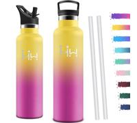 Motswedi Gourde Isotherme 1l, avec Paille, Bouteille Isotherme, Anti-Fuite, Thermos, Poignée de Transport, Gourde Inox, Réutilisable, Thermos 1l pour Voyage, Camping, Sport, Gym, Jaune & Rose