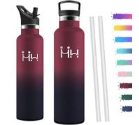 Motswedi Gourde Isotherme 1l, avec Paille, Bouteille Isotherme, Anti-Fuite, Thermos, Poignée de Transport, Gourde Inox, Réutilisable, Thermos 1l pour Voyage, Camping, Sport, Gym, Rouge & Noir