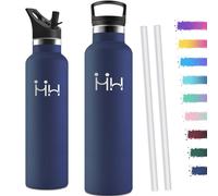 Motswedi Gourde Isotherme 1l, avec Paille, Bouteille Isotherme, Anti-Fuite, Thermos, Poignée de Transport, Gourde Inox, Réutilisable, Thermos 1l pour Voyage, Camping, Sport, Gym, Bleu Foncé