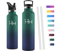 Motswedi Gourde Isotherme 1l, avec Paille, Bouteille Isotherme, Anti-Fuite, Thermos, Poignée de Transport, Gourde Inox, Réutilisable, Thermos 1l pour Voyage, Camping, Sport, Vert Foncé & Bleu Foncé