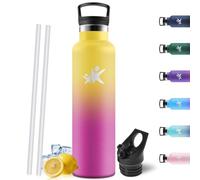 Motswedi Gourde Isotherme 1l, Poignée de Transport, Bouteille Isotherme, avec paille, Gourde Inox, Thermos, Acier Inoxydable, Bouteille d'eau pour Sport, Voyage, Randonnée, Camping, Jaune/Rouge Rose