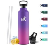 Motswedi Gourde Isotherme 1l, Poignée de Transport, Bouteille Isotherme, avec paille, Gourde Inox, Thermos, Acier Inoxydable, Bouteille d'eau pour Voyage, Randonnée, Camping, Violet Foncé/Rouge Rose
