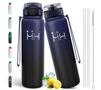 Motswedi Gourde Isotherme 1l, Thermos Isotherme, Acier Inoxydable, Gourde Inox avec 6 pailles, pour L'eau Froide e Chaude, Bouteille d'eau 1l, Pour Voyage, Randonnée, Sports, Camping, Bleu foncé&Noir