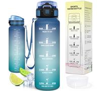 Motswedi Gourde Sport 1L, Bouteille d'eau avec Marqueur de Temps, Réutilisable, Gourde Sport, Anti-Fuite, Bouteille Plastique 1l, pour Fitness, Sport, Yoga, Randonnée, Bleu & Vert