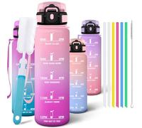 Motswedi Gourde Sport 1l, Bouteille d'eau, Comprend 6 Pailles et 1 Brosse à épong, Gourde Paille, Anti-Fuite, Motivationnelle Bouteille 1 Litre - Rose bébé & Rouge pivoine