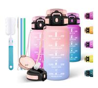 Motswedi Gourde Sport 500ml, Bouteille d'eau, Comprend 6 Pailles et 1 Brosse à épong, Gourde Paille, Anti-Fuite, Motivationnelle Bouteille 0.5l, pour L'école,le Travail, le Yoga, Rose & Bleu ciel