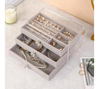 MOTTK Boîte à bijoux pour femme avec 3 tiroirs, boîtes de rangement pour colliers, boucles d'oreilles, bracelets, bagues en acrylique transparent, présentoir anti-poussière (gris, B)