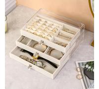 MOTTK Boîte à bijoux pour femme avec 3 tiroirs, boîtes de rangement pour colliers, boucles d'oreilles, bracelets, bagues en acrylique transparent, présentoir anti-poussière (beige, B)