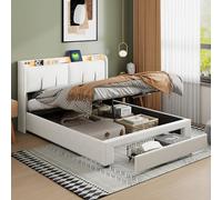 MOTUZP Cadre de lit, lit rembourré 140 x 200 cm, lit double avec éclairage LED et recharge USB, tête de lit avec rangement, lit avec sommier à lattes, velours beige