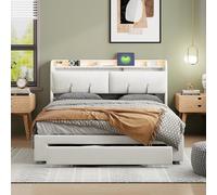 MOTUZP Cadre de lit, lit rembourré 160 x 200 cm, lit double avec éclairage LED et recharge USB, tête de lit avec sommier à lattes, velours beige