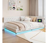 MOTUZP Canapé-lit rembourré 140 x 200, lit double rembourré, lits fonctionnels avec LED et USB, structure de lit de direction de la tête de lit, teddy velours beige